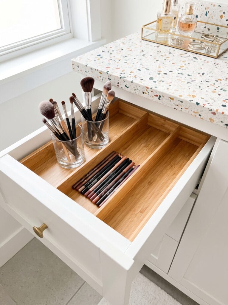 White bathroom vanity drawer with a bamboo divider holding makeup brushes upright in glass tumblers and pencils lying flat