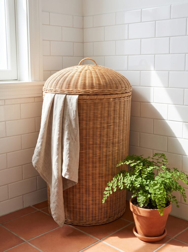 tall wicker laundry hamper with a domed lid and a linen towel draped over the side