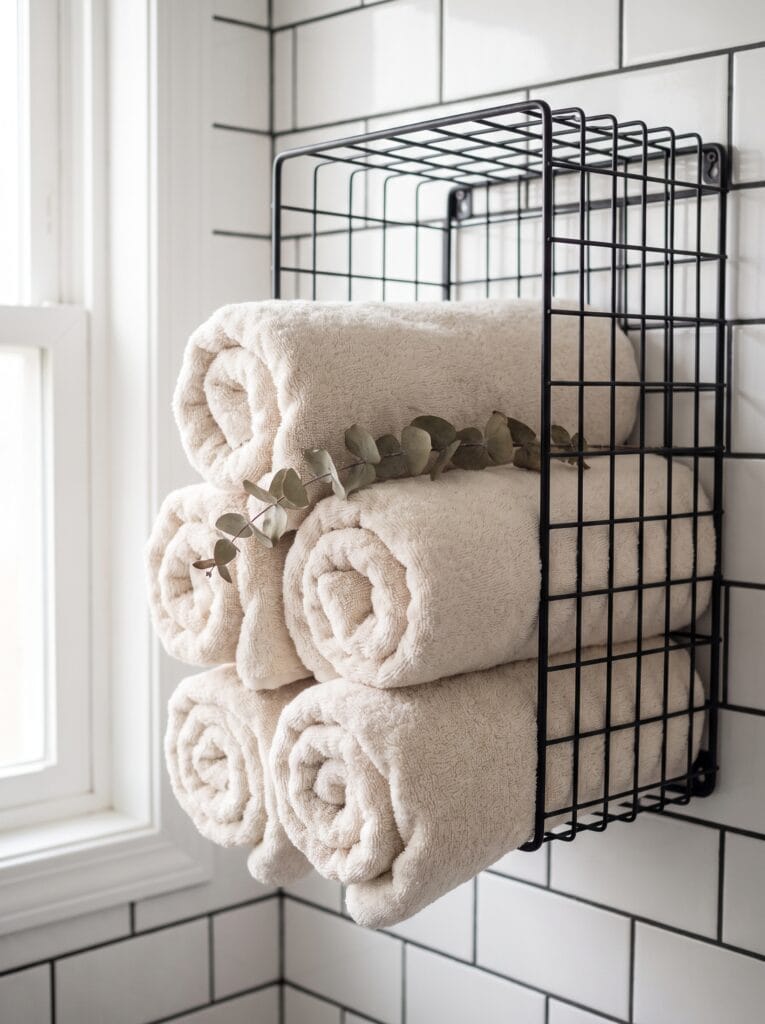 black wire wall-mounted rack holding five rolled cream towels with a eucalyptus sprig