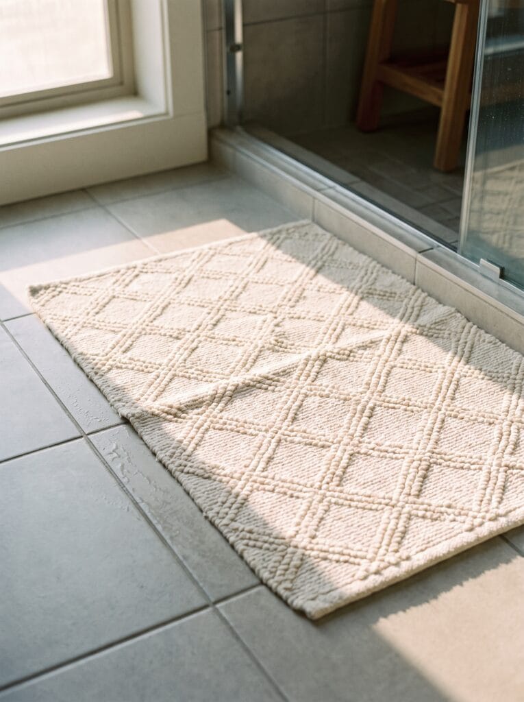 textured cream diamond-pattern woven bath mat on gray tile by a glass shower door