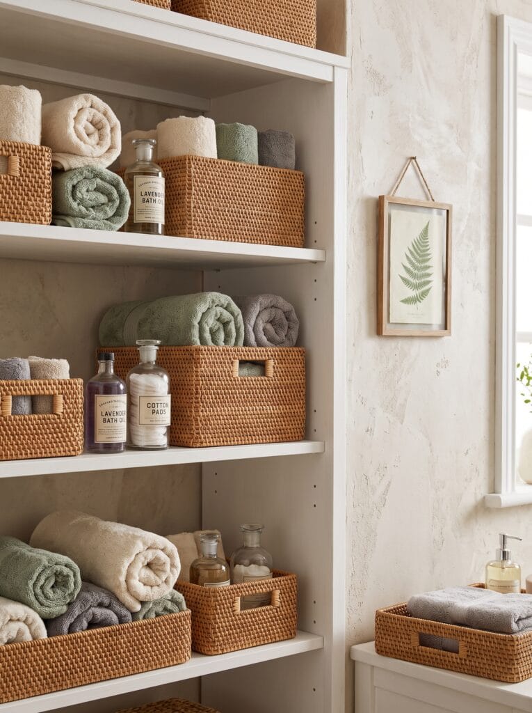 open bathroom shelving with rattan baskets, rolled towels, and labeled glass bottles of bath oil and cotton pads