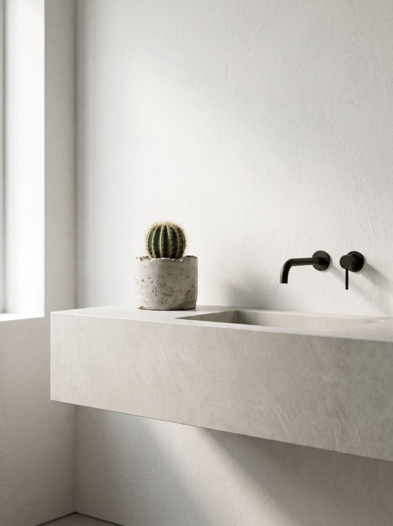 minimalist concrete bathroom vanity with a small barrel cactus in a rough concrete planter beside a black wall faucet