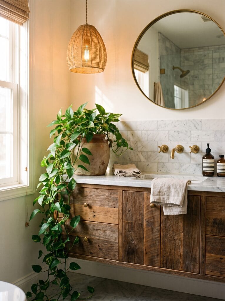 rustic reclaimed wood vanity with a trailing pothos in an aged ceramic urn beside a round brass mirror and marble subway tile