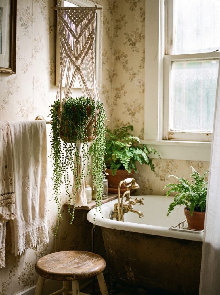 vintage floral wallpaper bathroom with a macrame hanger holding a string of pearls plant over a brass clawfoot tub with ferns