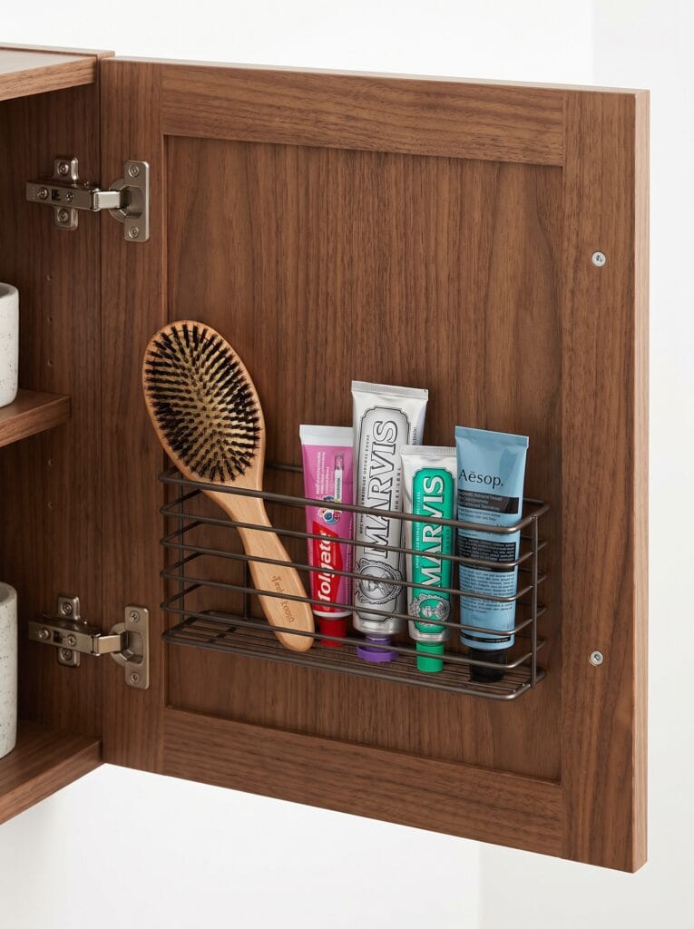 wire rack mounted inside a cabinet door holding a hairbrush and toothpaste tubes