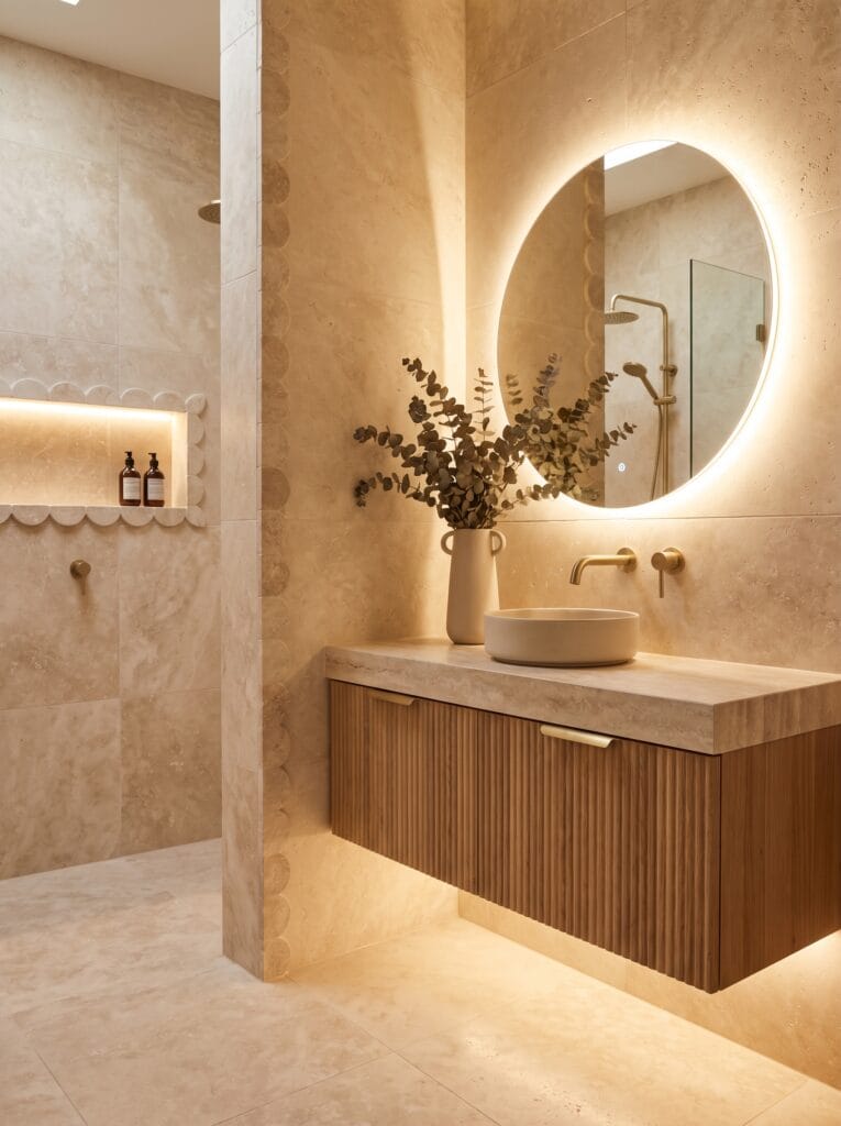 backlit round mirror over travertine vanity with scalloped niche and eucalyptus branches