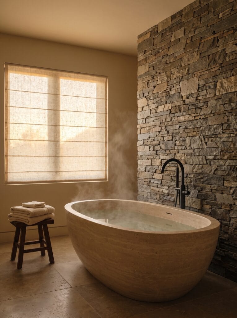 freestanding travertine tub against stacked stone wall with steam rising