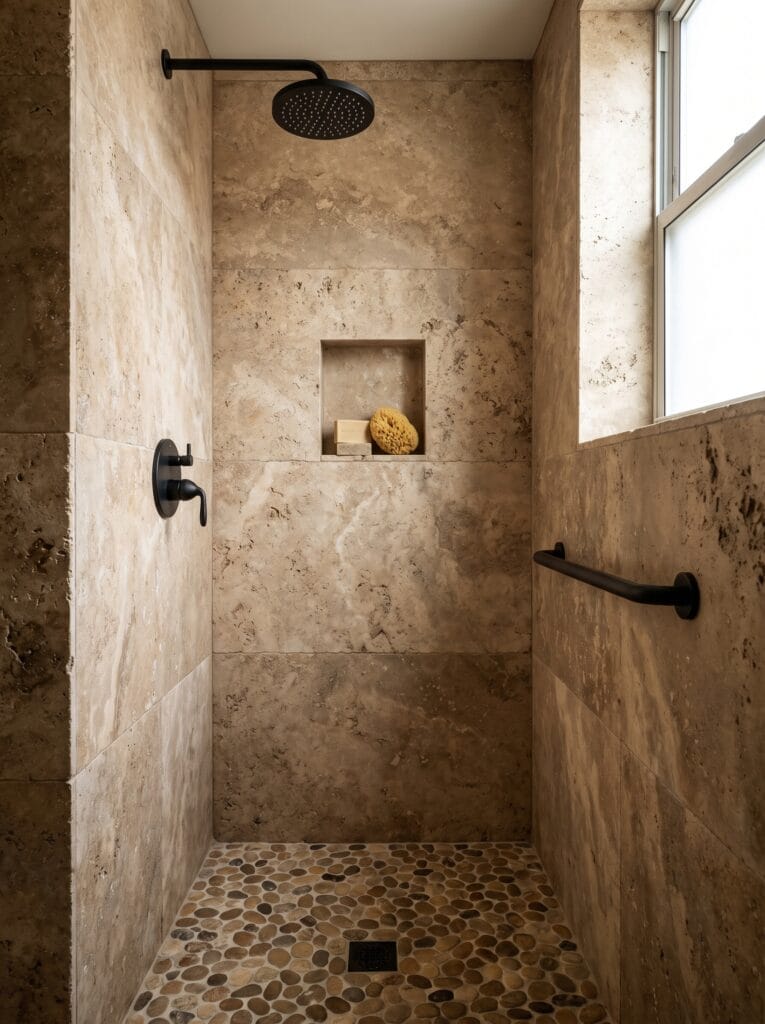 travertine soaking tub under barrel-vaulted stone ceiling with arched window