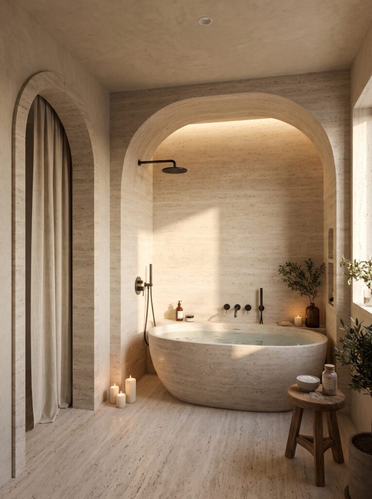 double travertine vanity with backlit round mirror and rattan storage baskets