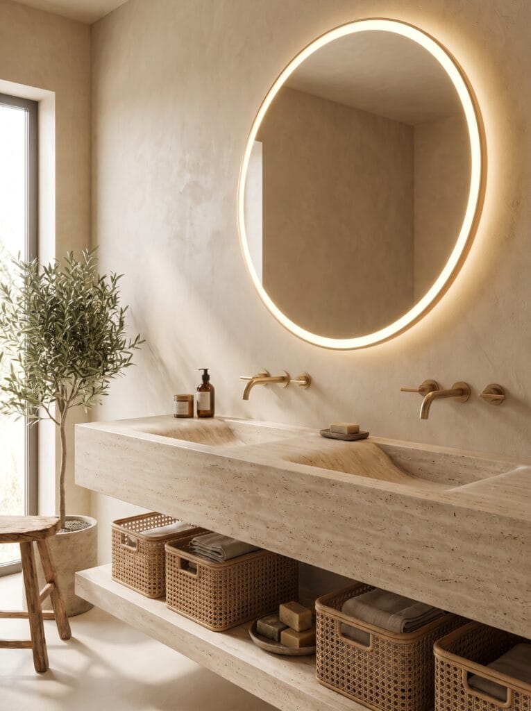scalloped travertine powder room with carved stone pedestal sink and beaded mirror