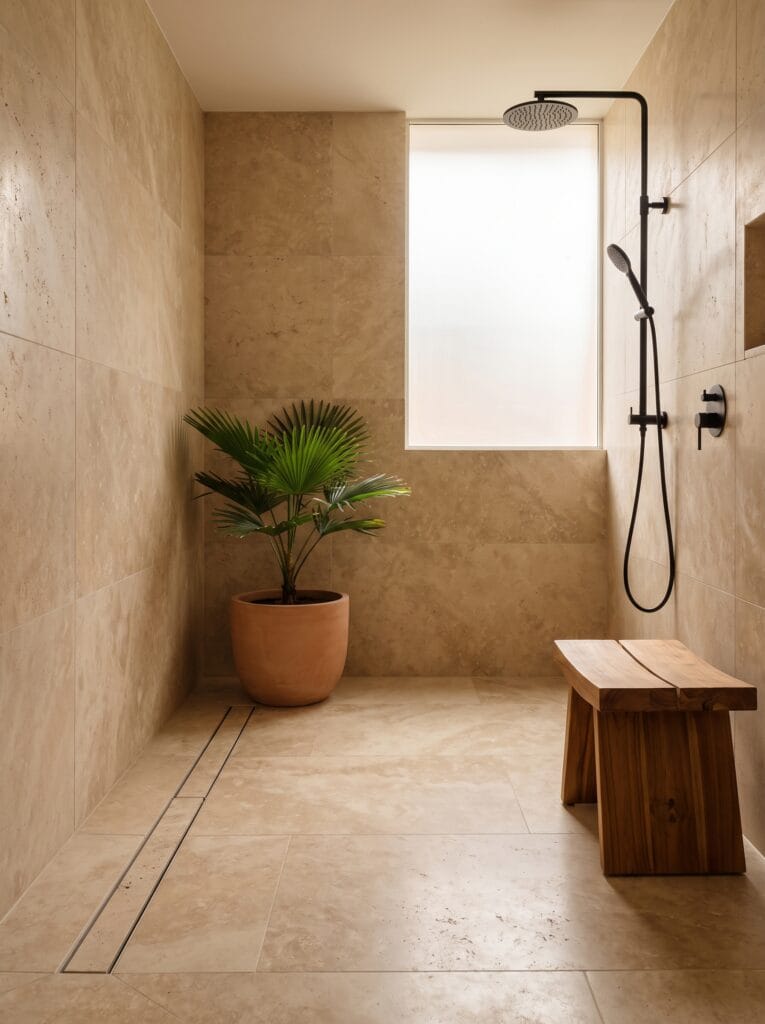 Travertine Bathroom Ideas, Travertine bathroom designs, Natural stone bathroom, Travertine shower ideas, Travertine vanity