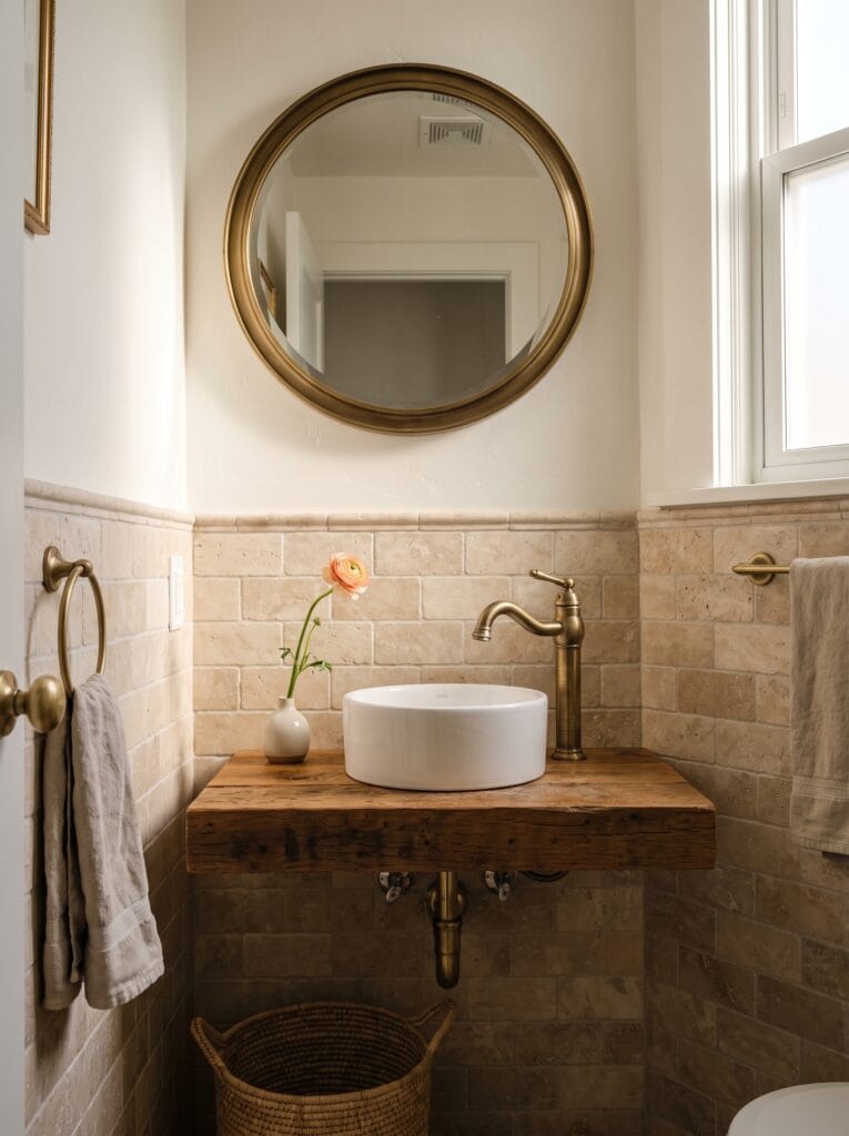rustic wood vanity with round white vessel sink and single flower in bud vase