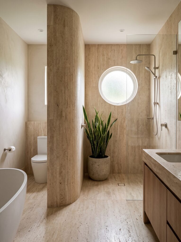 curved travertine partition wall dividing toilet area from open shower